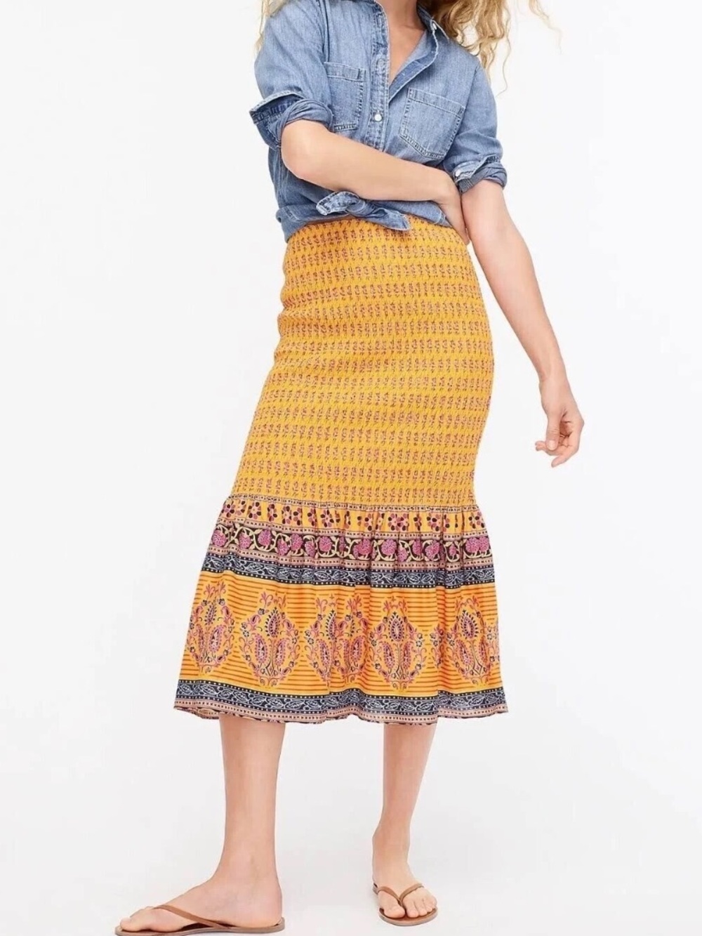 J.Crew Printed Flare Mermaid Skirt SZ 8 Yellow Paisley Boho Maxi Midi Cotton